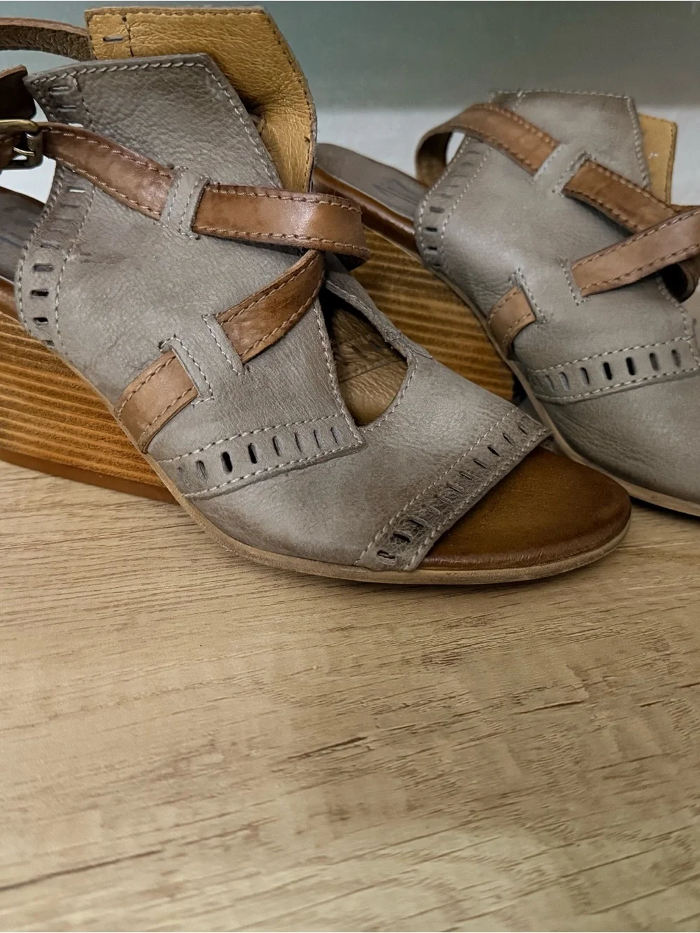 Miz Mooz Taupe and Tan Leather Wedge Sandals